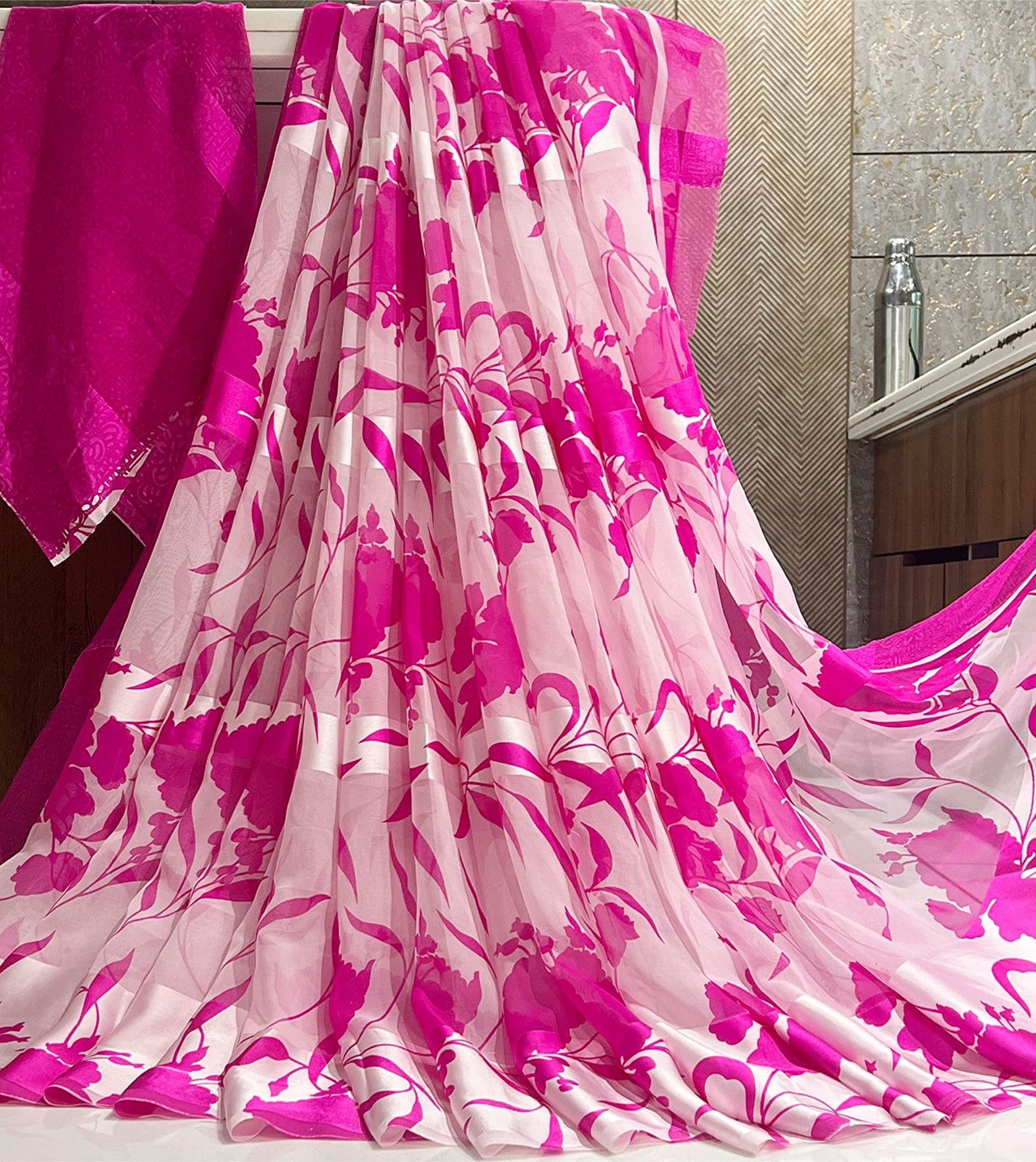 Floral Print Satin Patta Georgette Saree