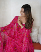Women Bandhej Printed Chiffon Anarkali Kurta with Dupatta Set
