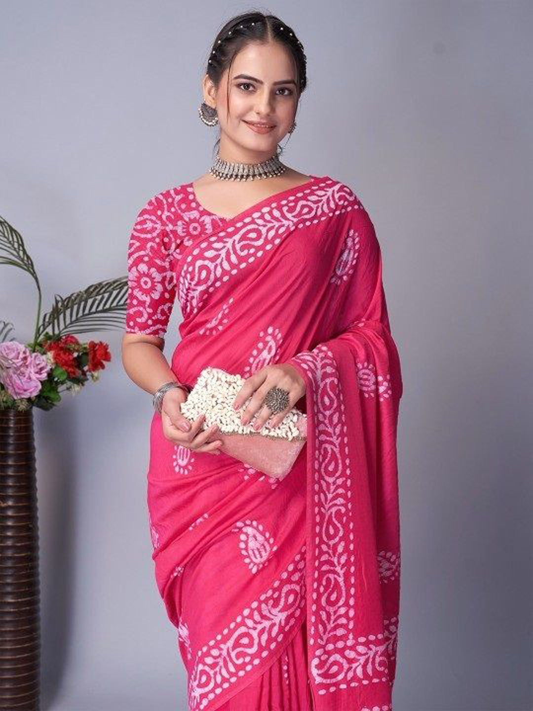 Ready to wear mulmul cotton printed saree – pink, view 3