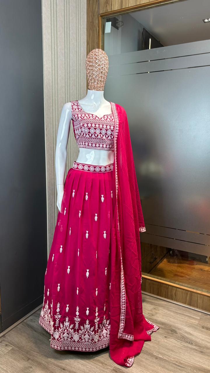 Georgette Semi-Stitched Lehenga with Thread Work & Embroidered Dupatta Set