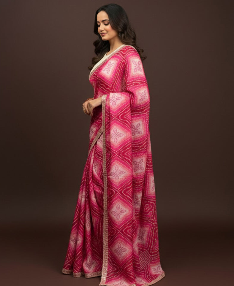 Bandhani Printed Chiffon Saree with Embroidered Border