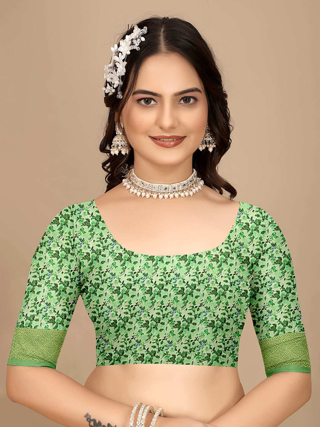 Moss Chiffon Digital Print With Jacquard Border Saree