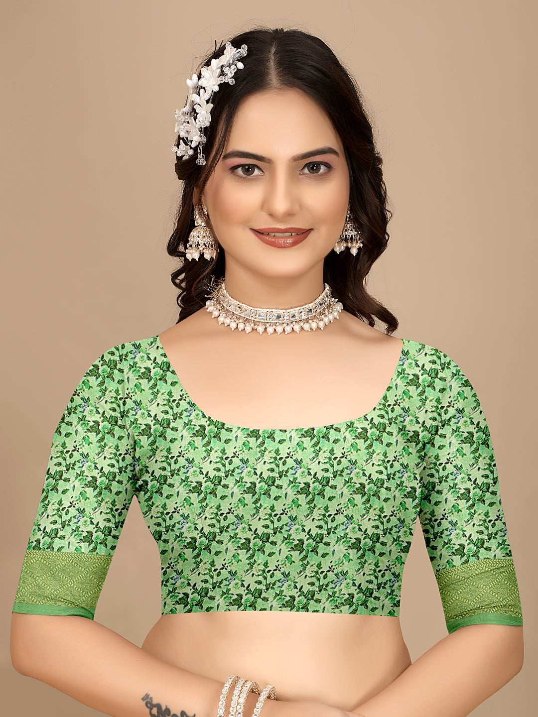 Moss Chiffon Digital Print With Jacquard Border Saree