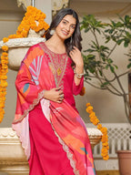 Embroidered Vichitra Kurti Set with Digital Print Georgette Dupatta