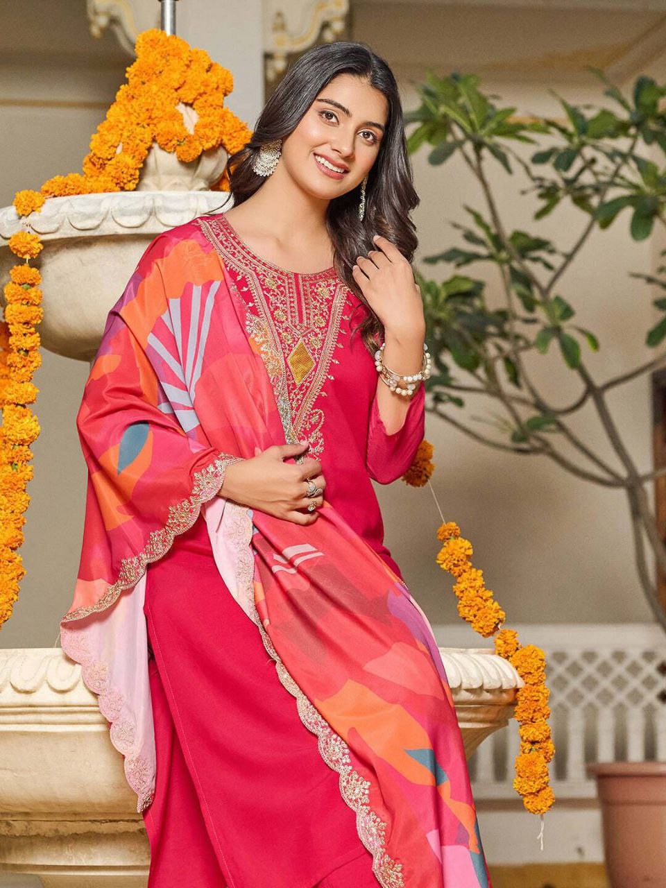 Embroidered Vichitra Kurti Set with Digital Print Georgette Dupatta