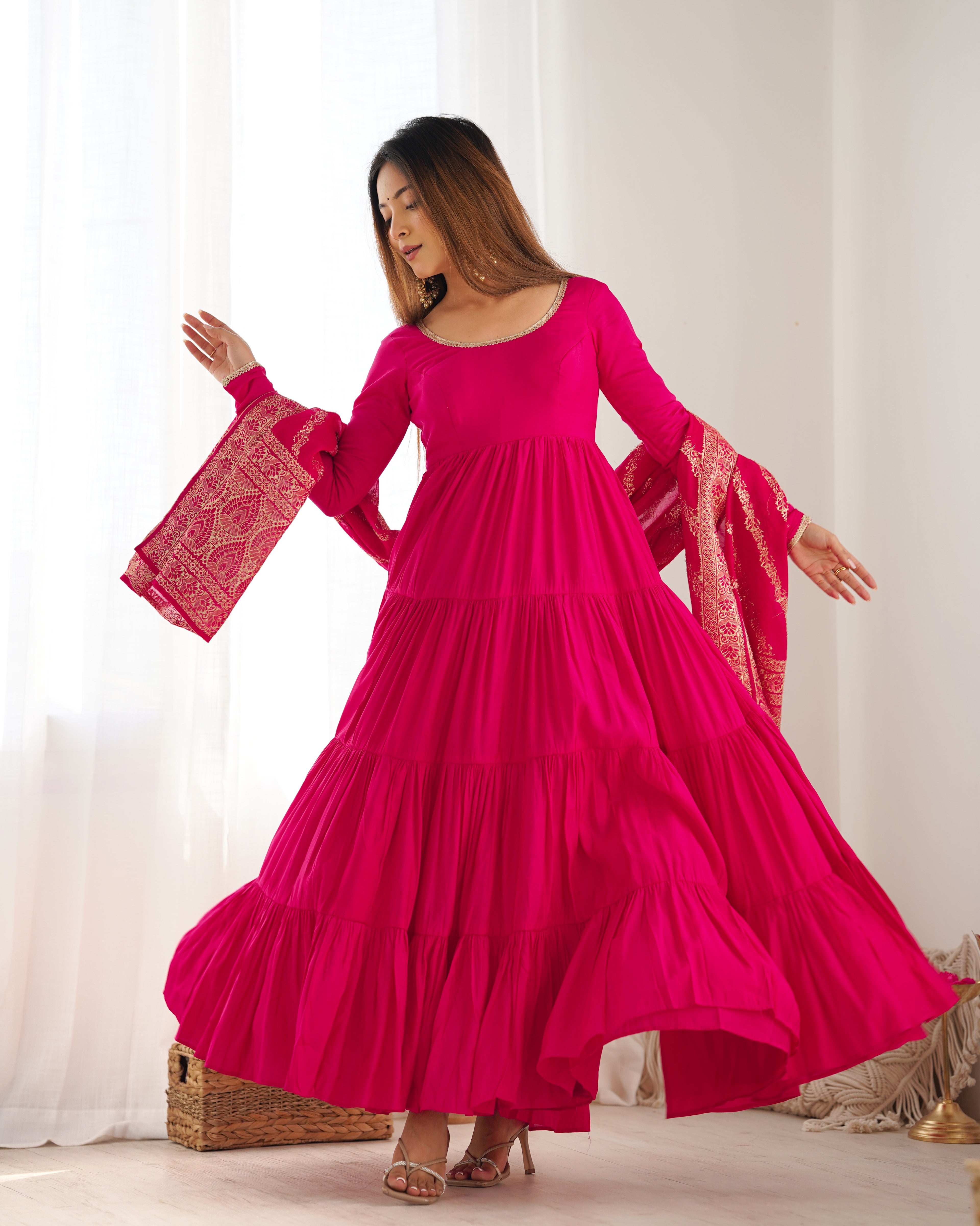 Roman Silk Chanderi Fully Flared Anarkali Suit Set