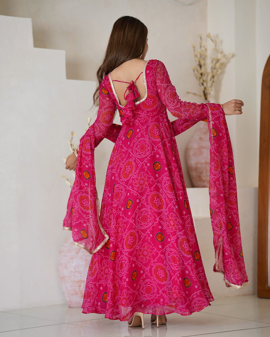 Women Bandhej Printed Chiffon Anarkali Kurta with Dupatta Set