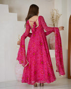 Women Bandhej Printed Chiffon Anarkali Kurta with Dupatta Set