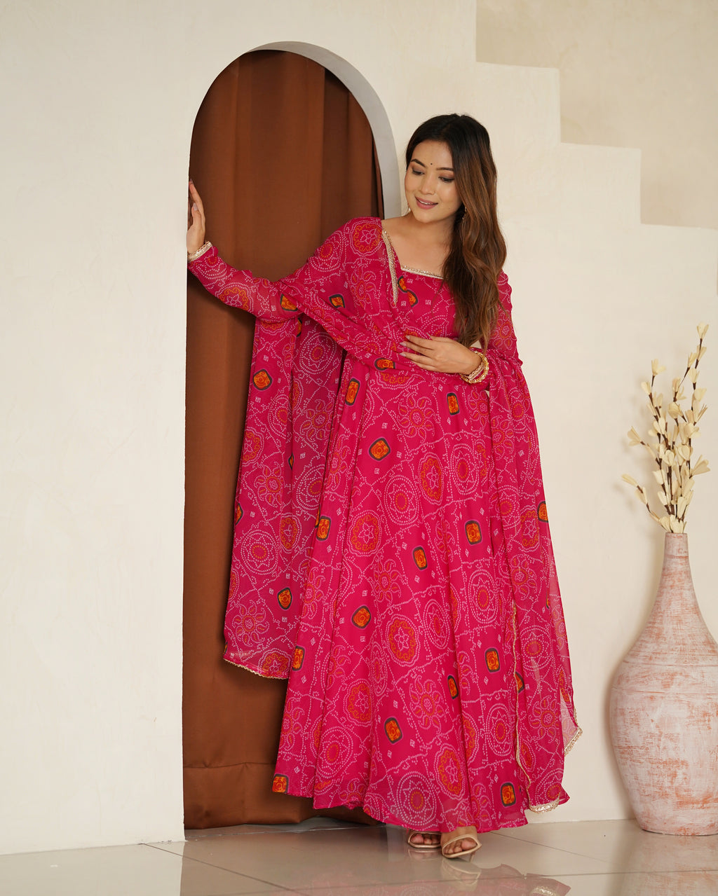 Women Bandhej Printed Chiffon Anarkali Kurta with Dupatta Set