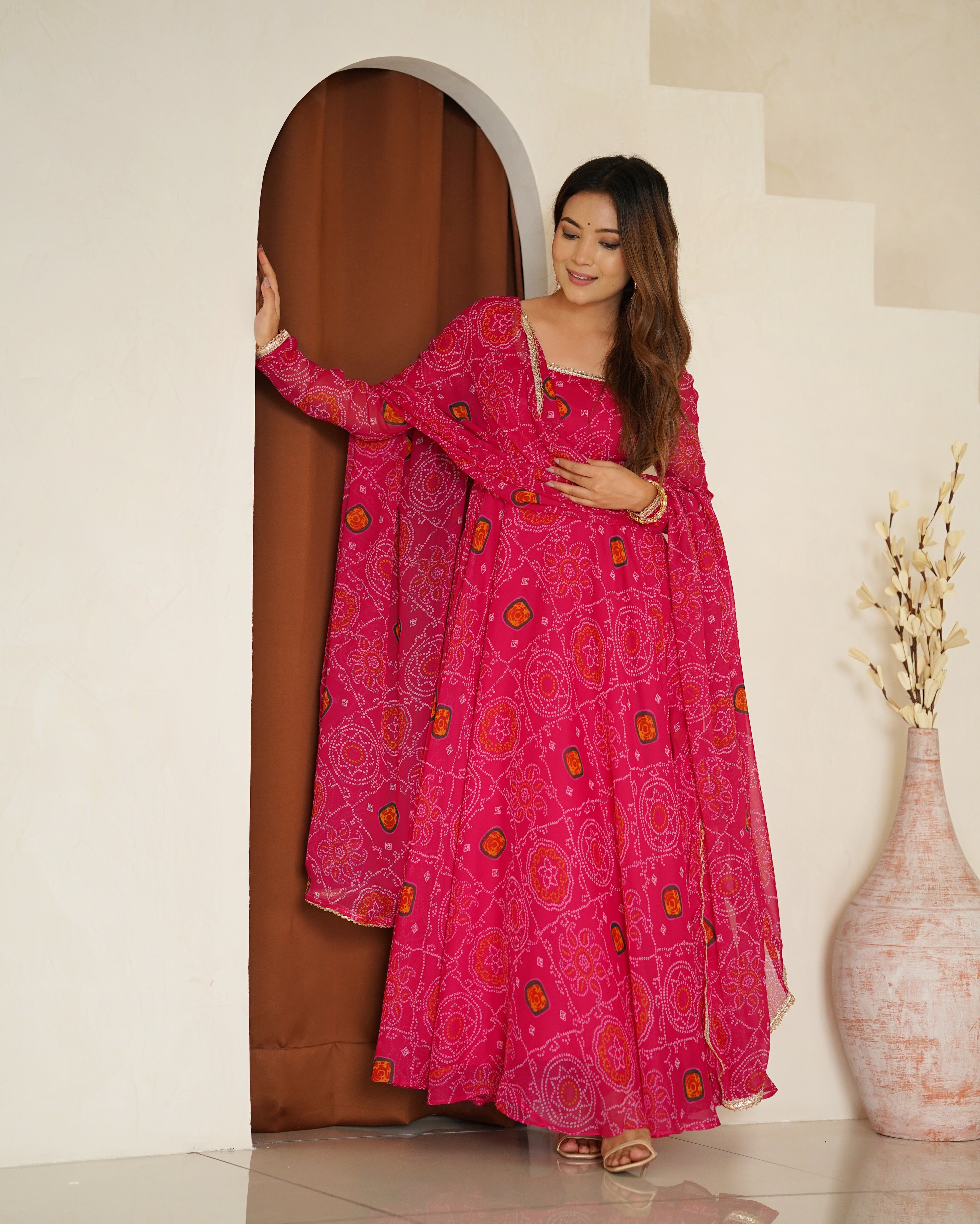 Women Bandhej Printed Chiffon Anarkali Kurta with Dupatta Set