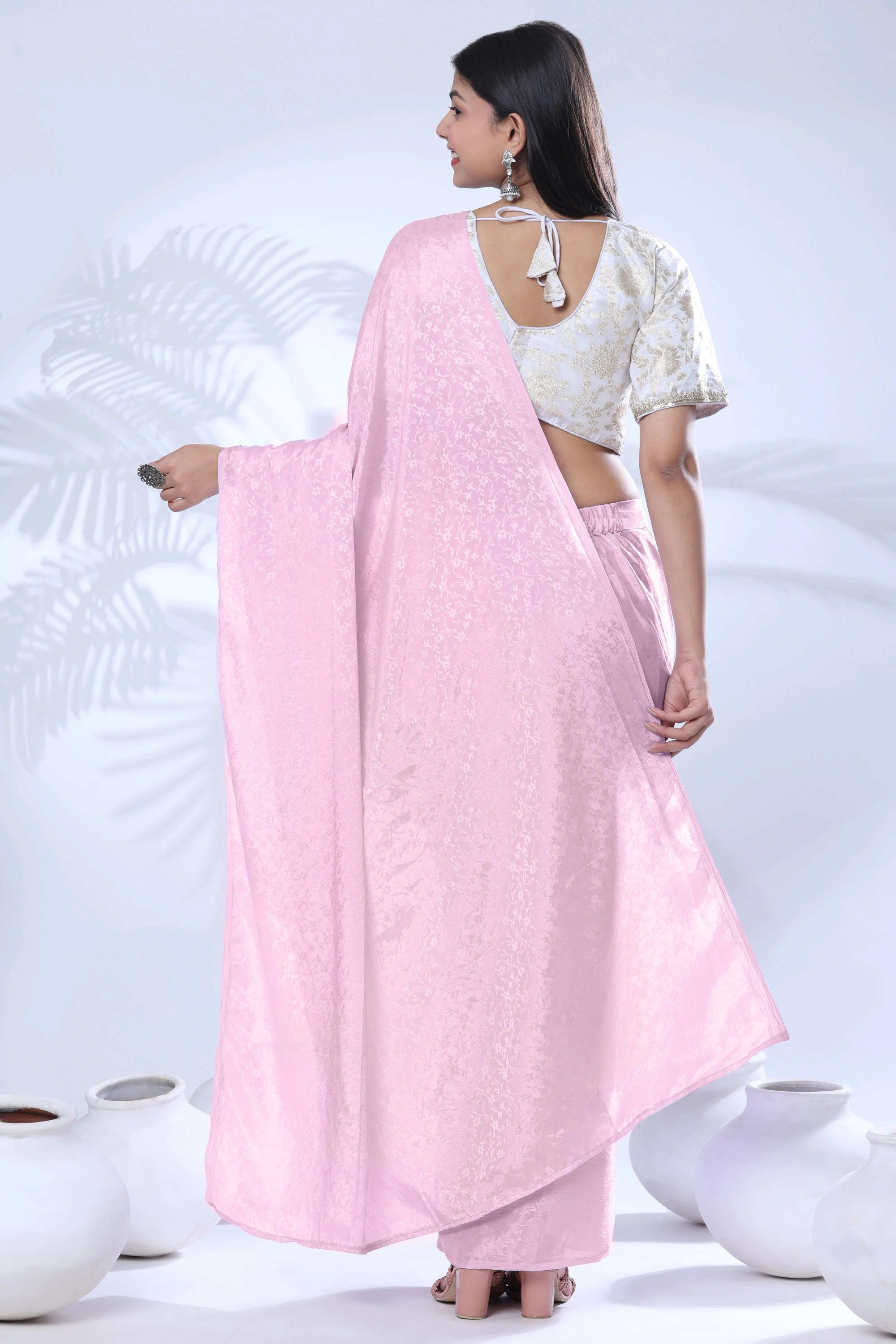 Ready To Wear Chiffon Pink Saree With Stitched Blouse
