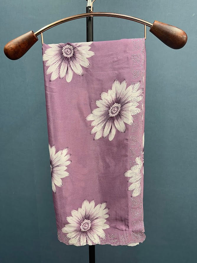 Elegant Printed Chinon Saree with Sparkling Siroksi Diamond Work Border