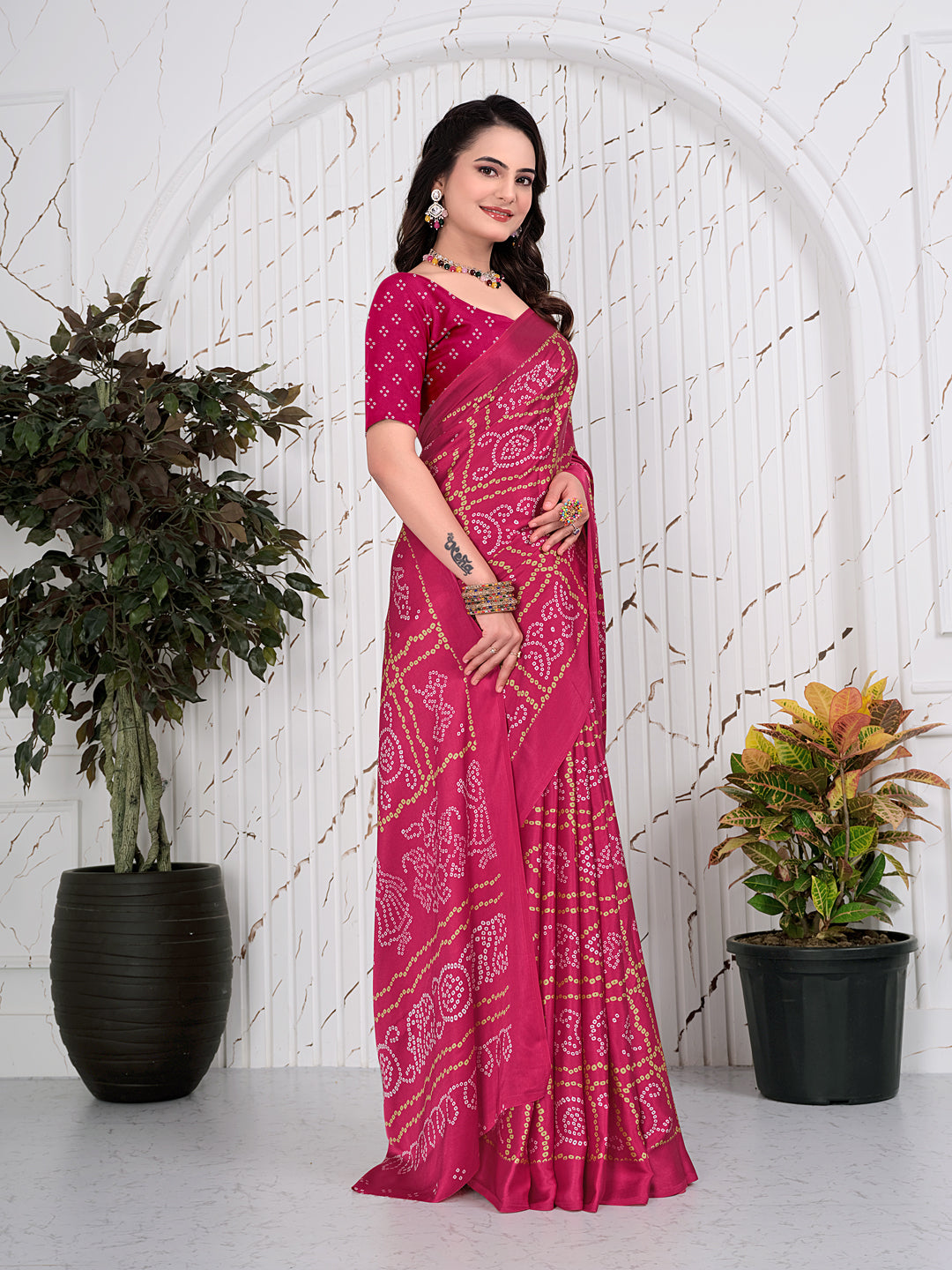 Bandhani Printed Satin Silk Saree for Party Look