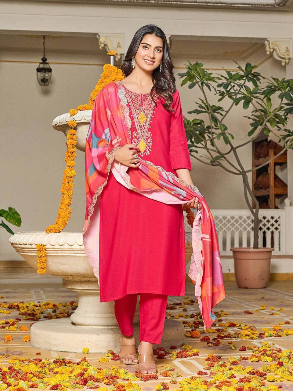 Embroidered Vichitra Kurti Set with Digital Print Georgette Dupatta