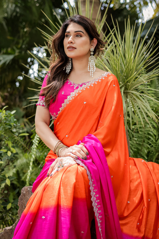 Chinon Embroidered Saree with Shaded Solid Color Design