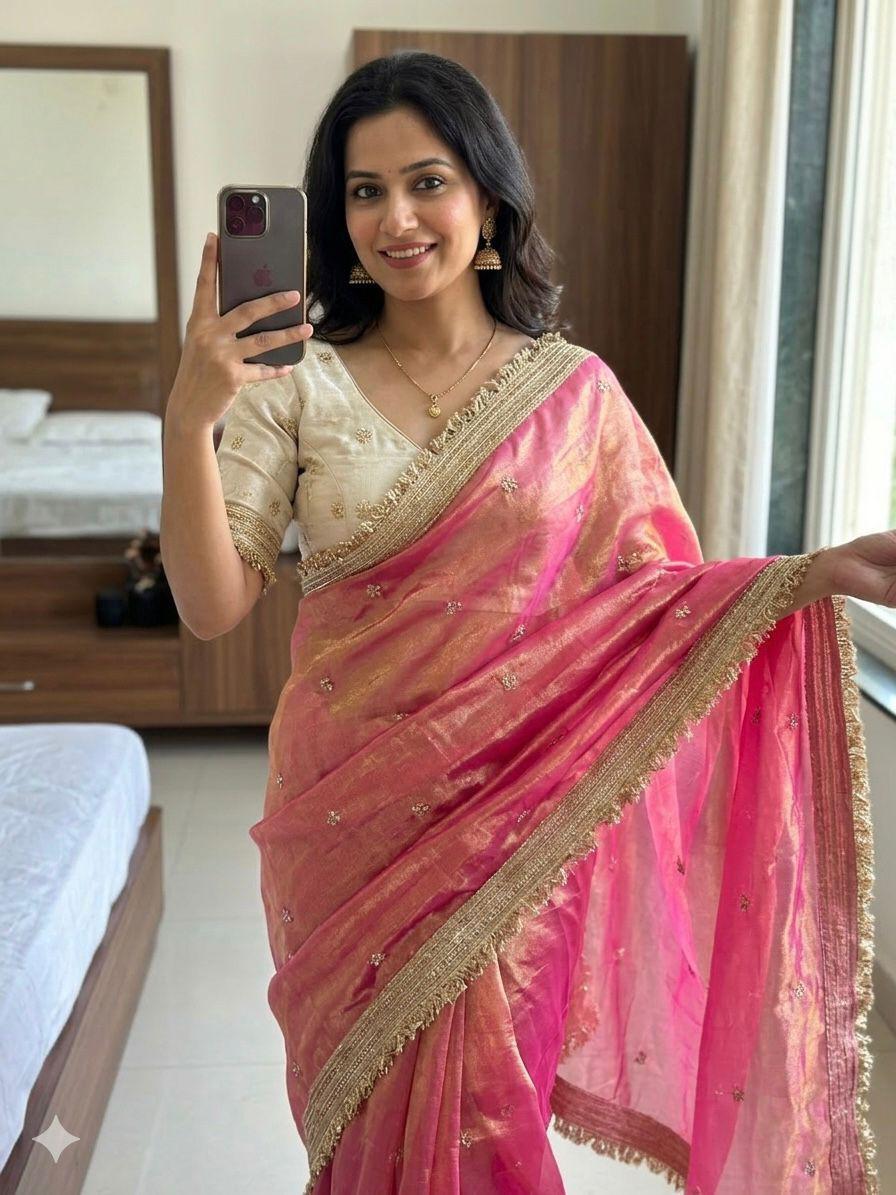 Satin Embroidery Work Saree With Lace Border