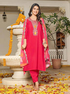 Embroidered Vichitra Kurti Set with Digital Print Georgette Dupatta