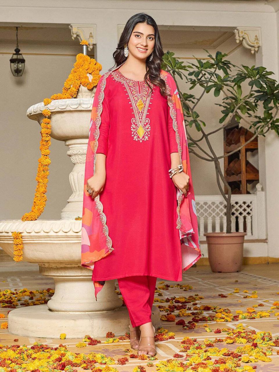 Embroidered Vichitra Kurti Set with Digital Print Georgette Dupatta
