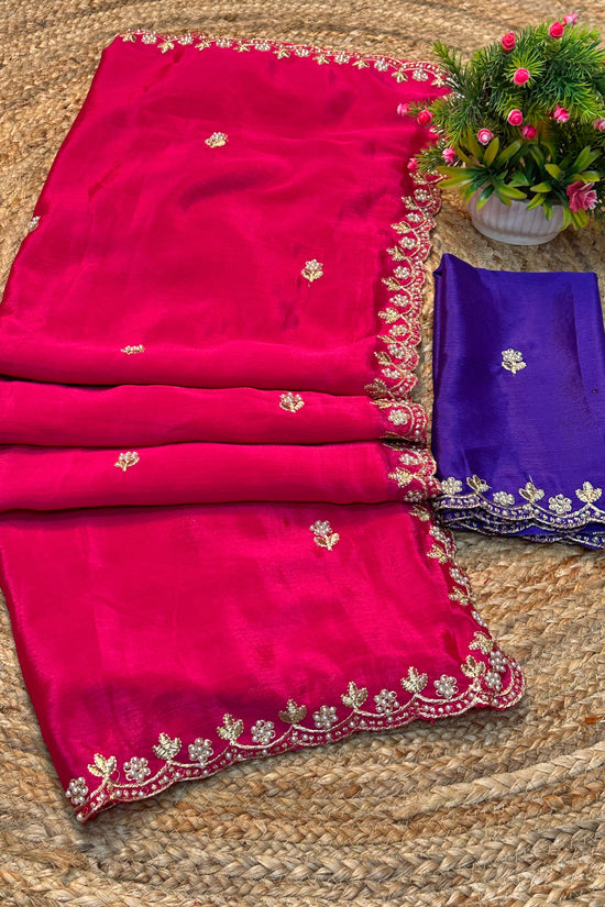 Silk Chinon Saree with Embroidery, Thread & Moti Work