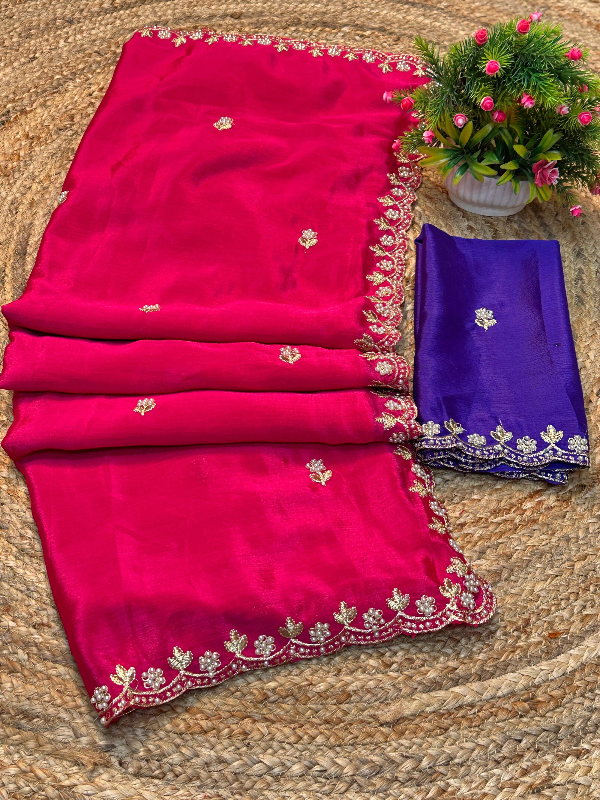 Silk Chinon Saree with Embroidery, Thread & Moti Work