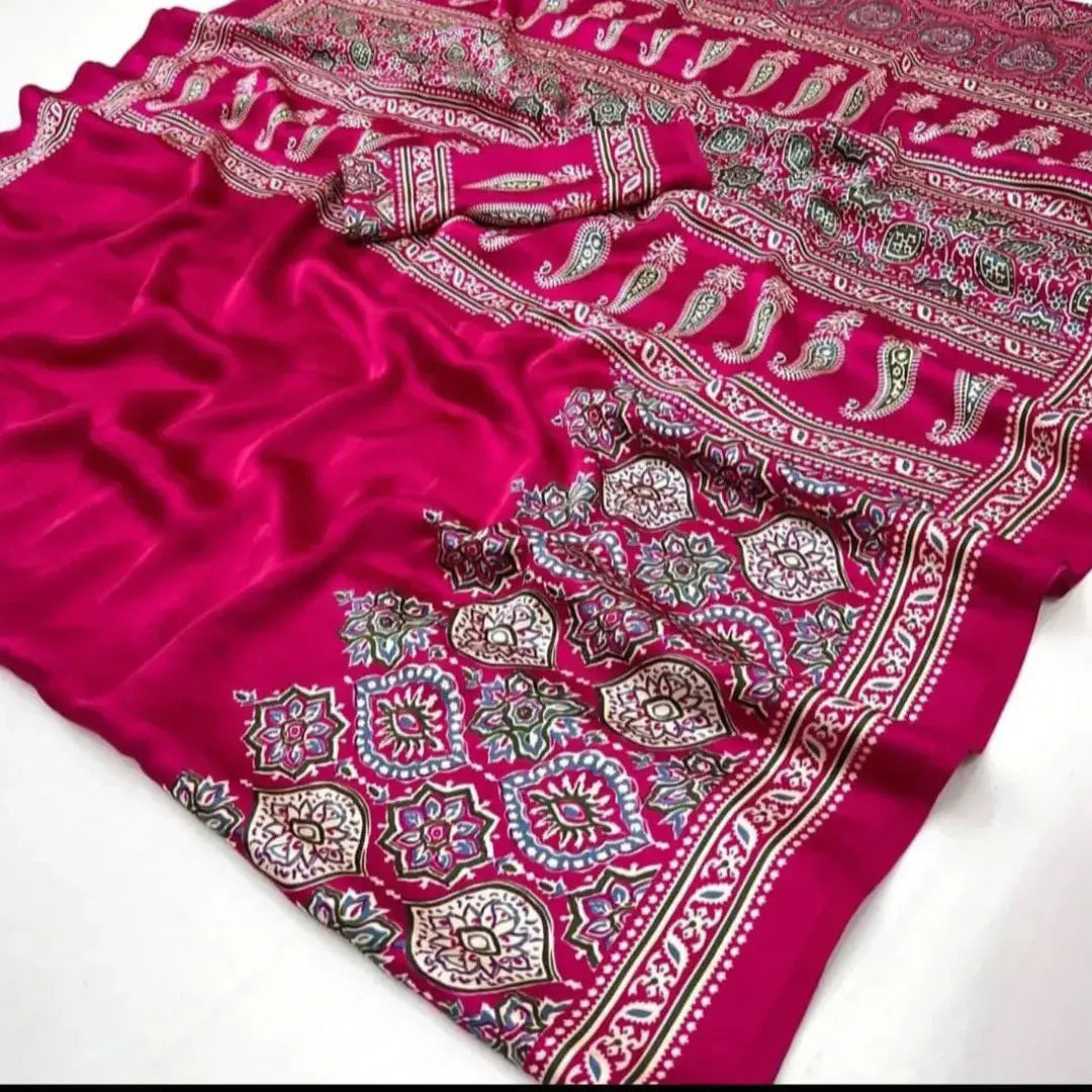 Soft Modal Silk Natural Ajrakh Printed Saree with Unstitched Blouse