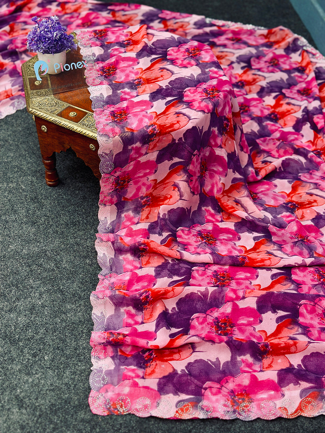 Georgette Floral Print Saree with Siroski Work Border