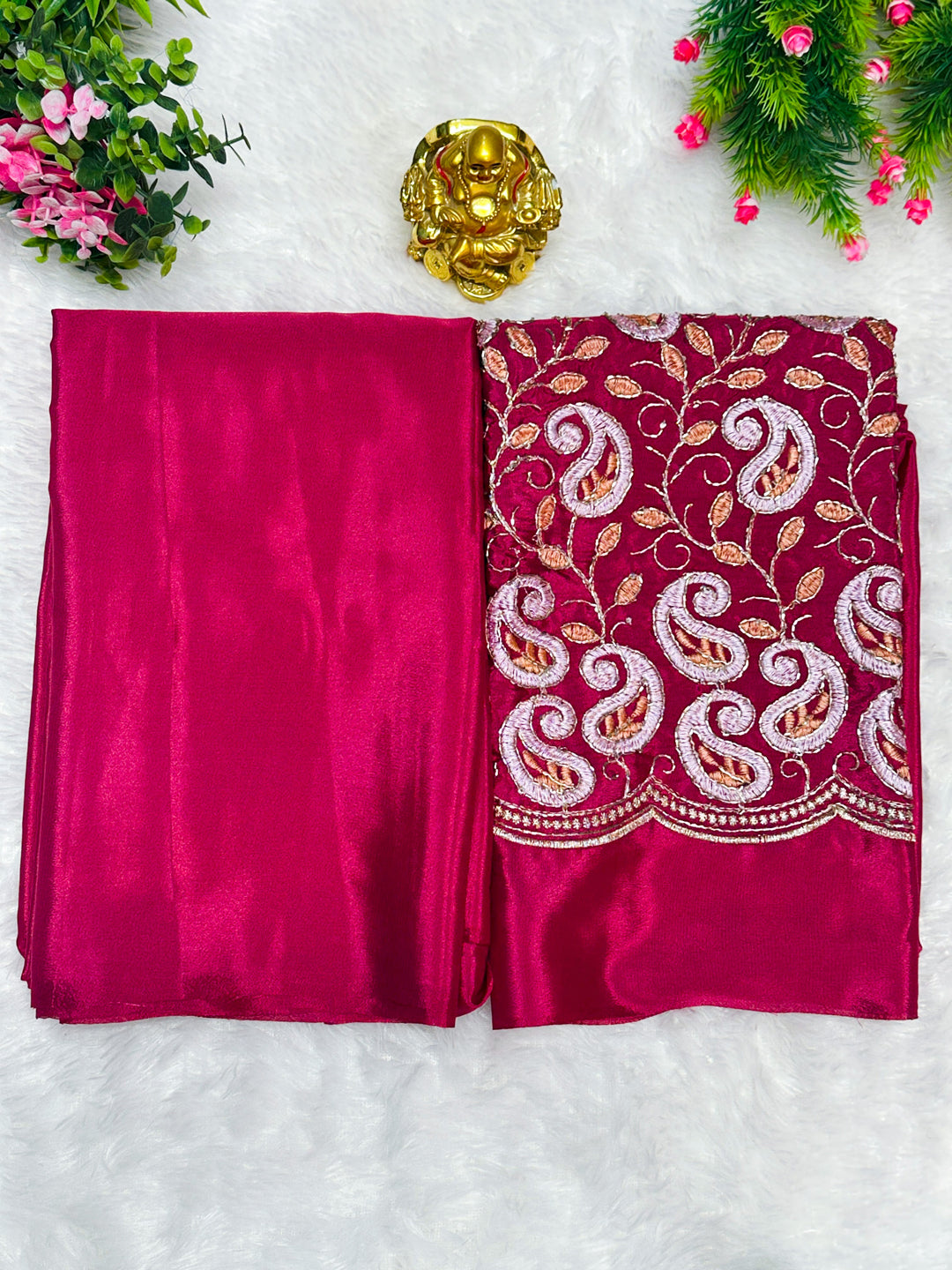 Plain Solid Silk Saree with Embroidered Thread, Beads work Blouse