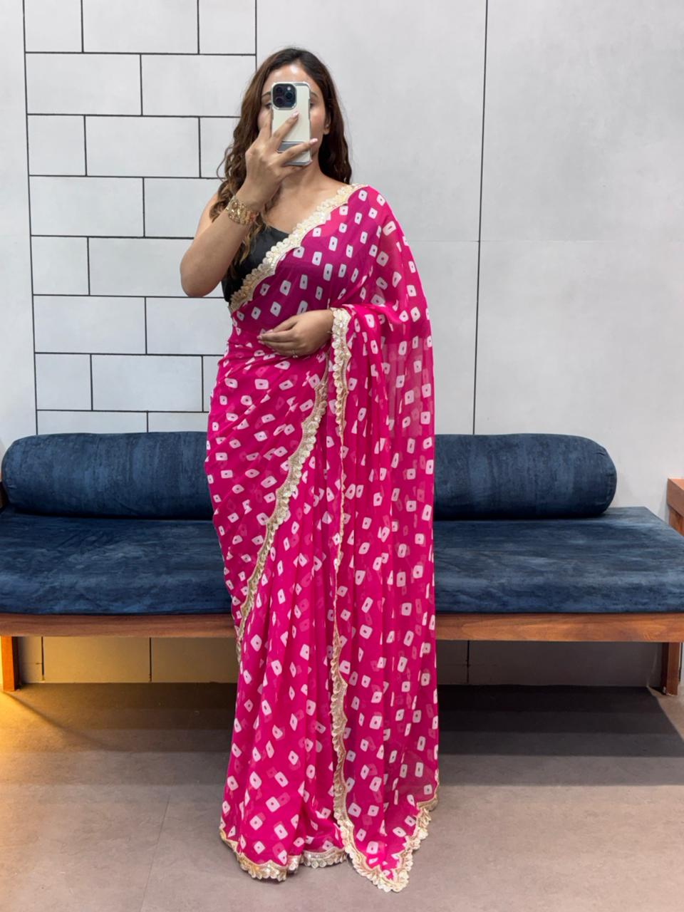 Elegant Leriya Print Georgette Saree with Embroidery Sequence Lace