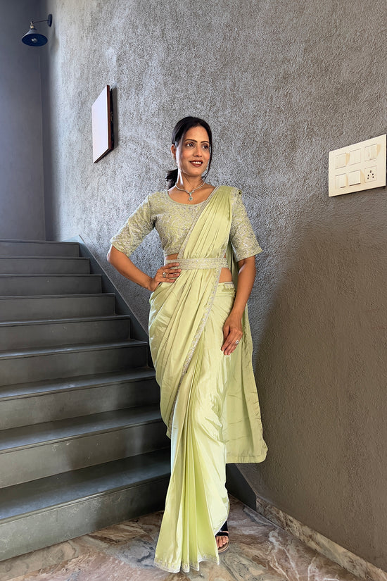 Ready To Wear Chinon Embroidery Work Saree With Stitched Blouse