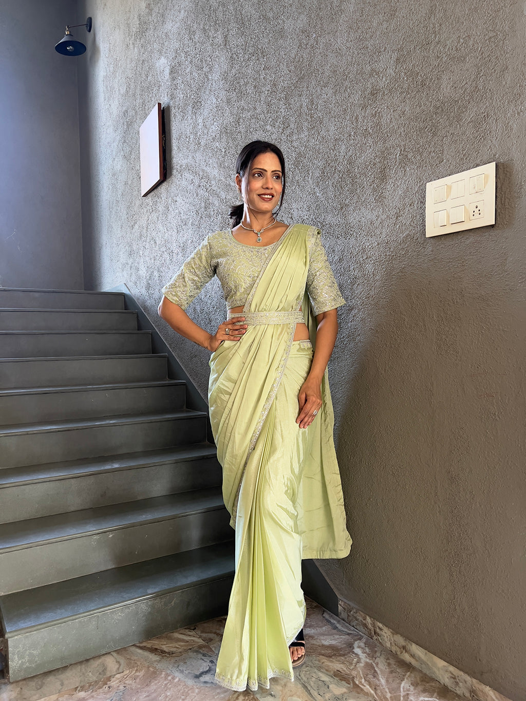 Ready To Wear Chinnon Embroidery Work Saree With Stitched Blouse