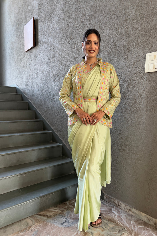 Heavy Chinon Jacket Saree With Blouse and Cording Embroidered Work