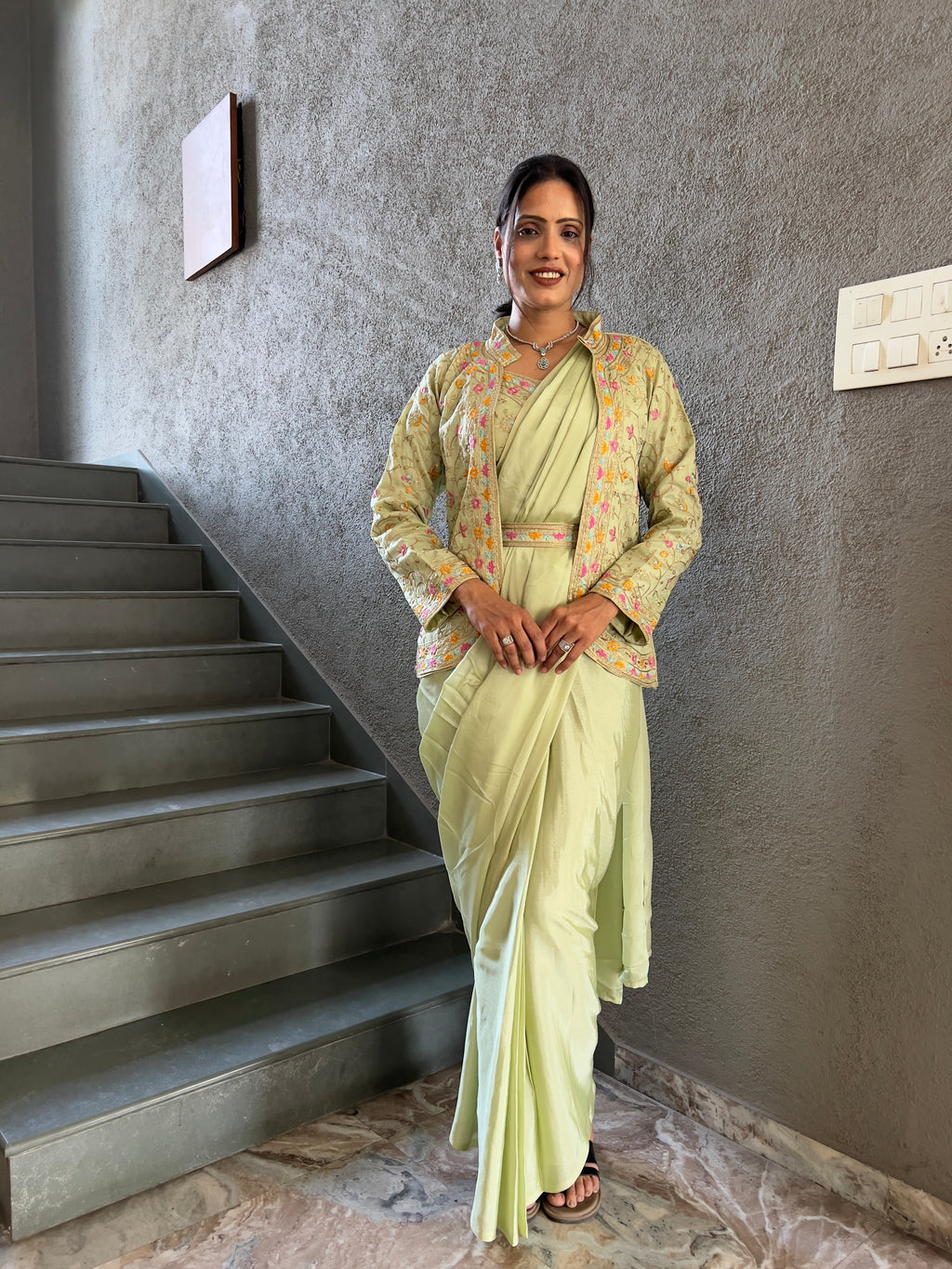 Heavy Chinon Jacket Saree With Blouse and Cording Embroidered Work
