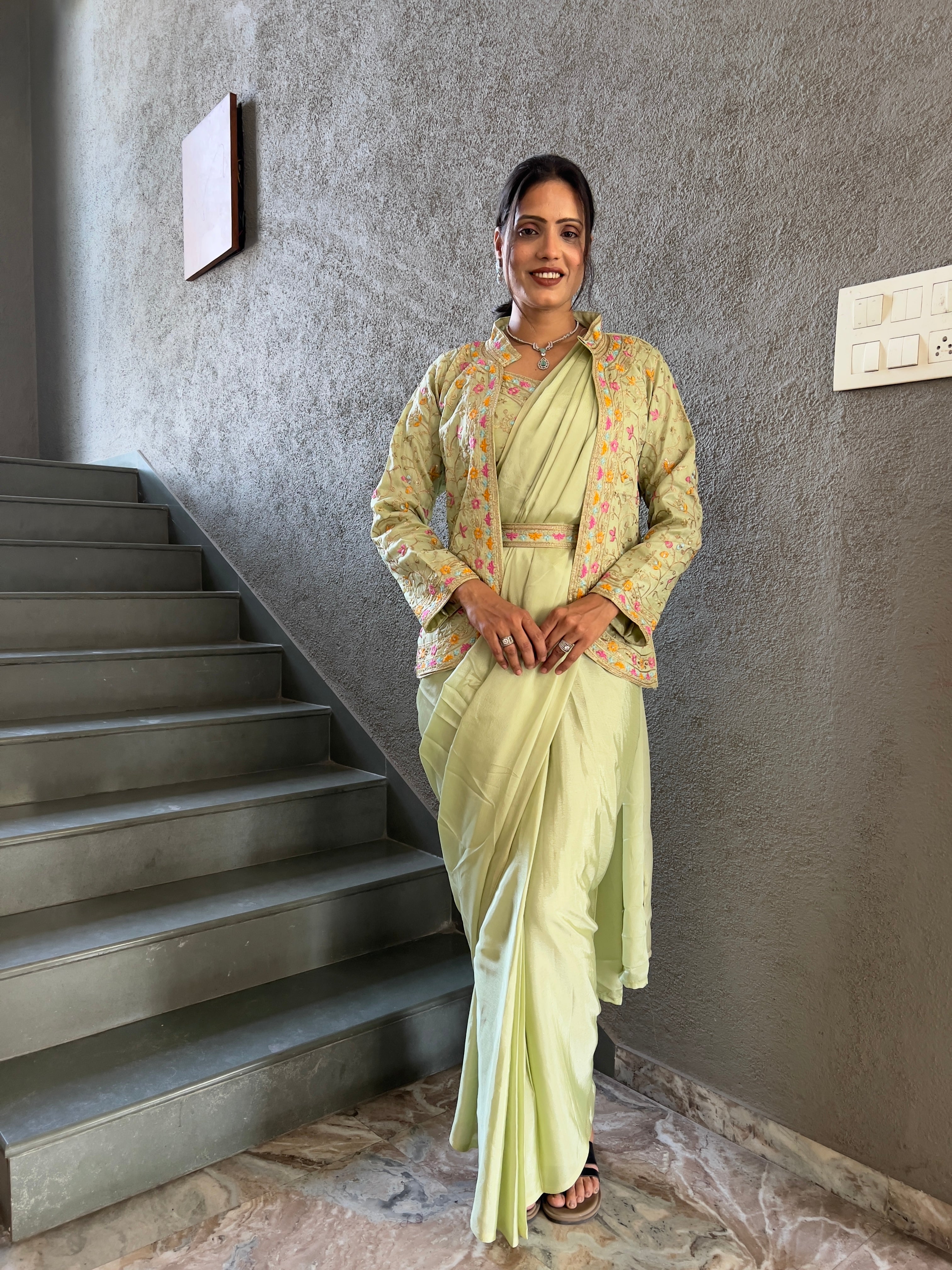 Heavy Chinon Jacket Saree With Blouse and Cording Embroidered Work