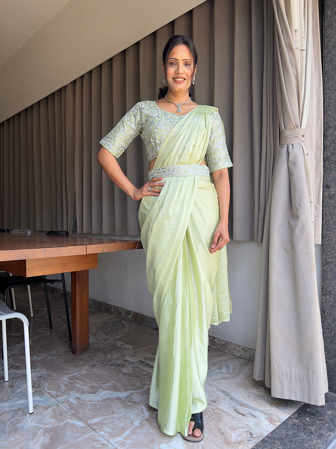 Ready To Wear Chinon Embroidery Work Saree With Stitched Blouse