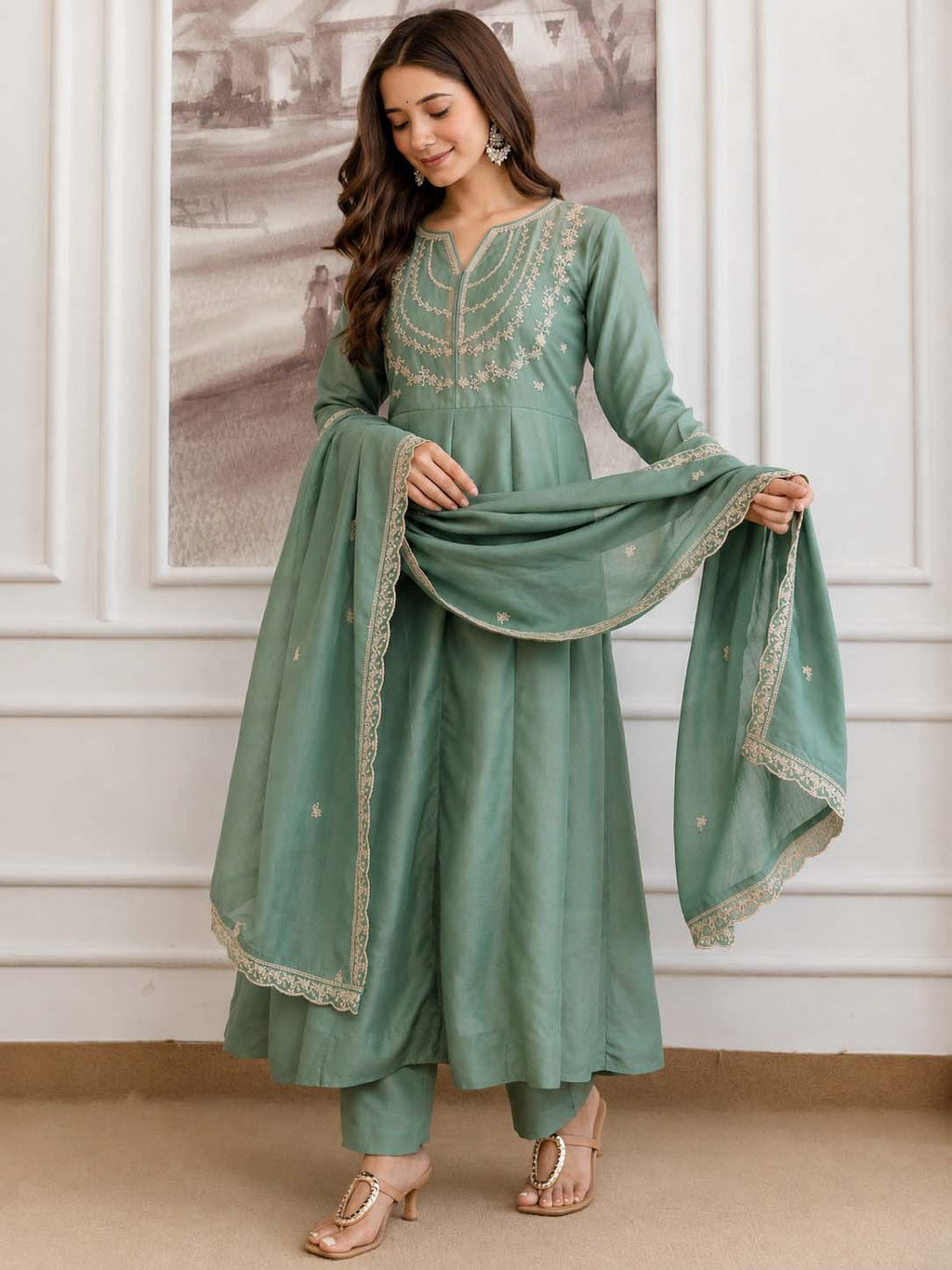 Embroidery Vichitra Silk Anarkali Kurta Pant Set With Dupatta