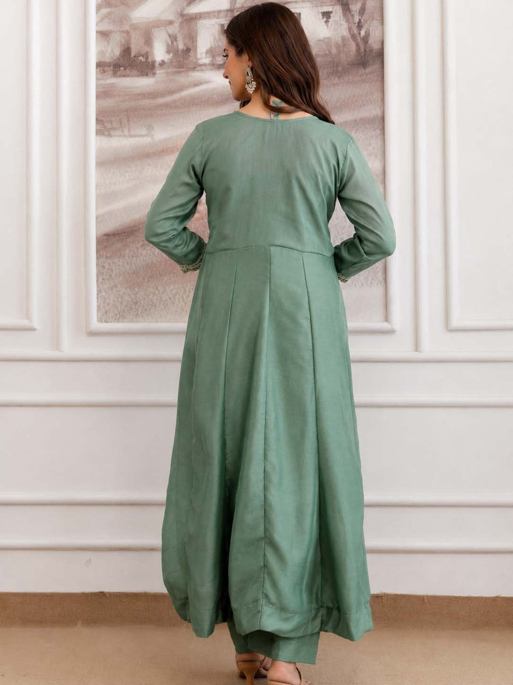 Embroidery Vichitra Silk Anarkali Kurta Pant Set With Dupatta