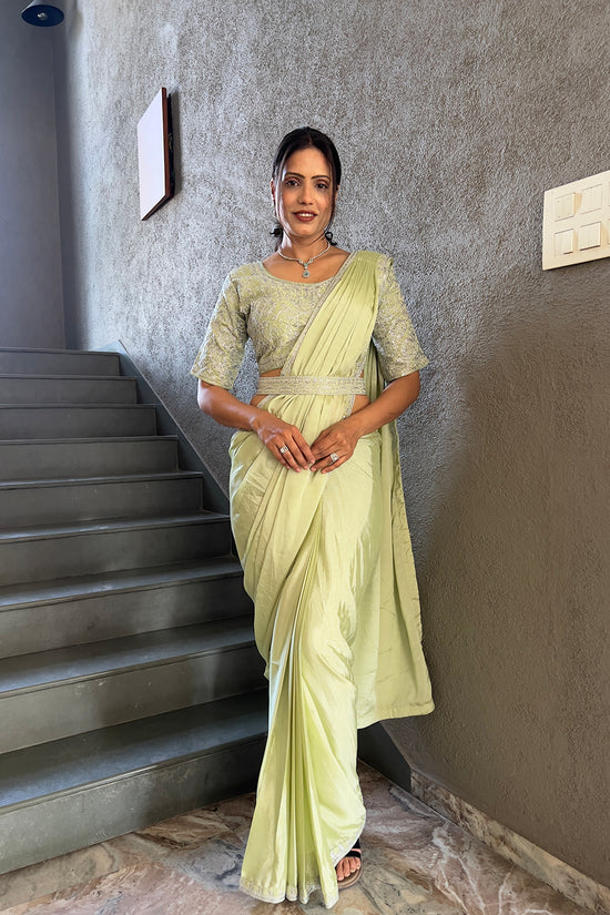 Ready To Wear Chinon Embroidery Work Saree With Stitched Blouse