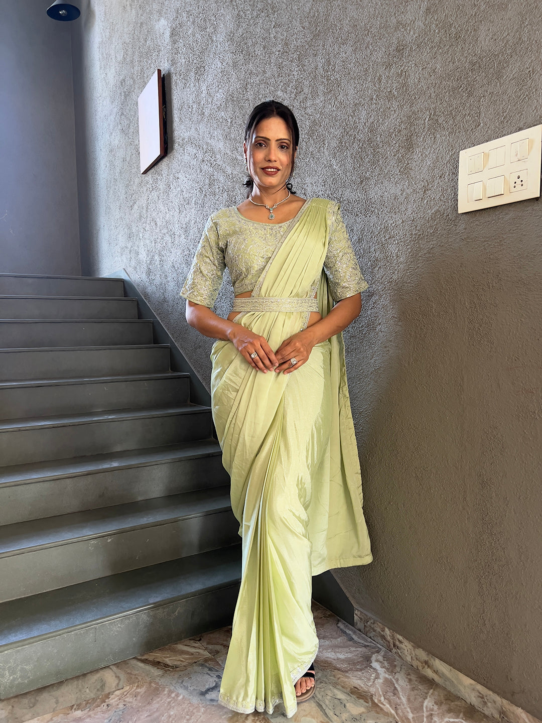 Ready To Wear Chinnon Embroidery Work Saree With Stitched Blouse