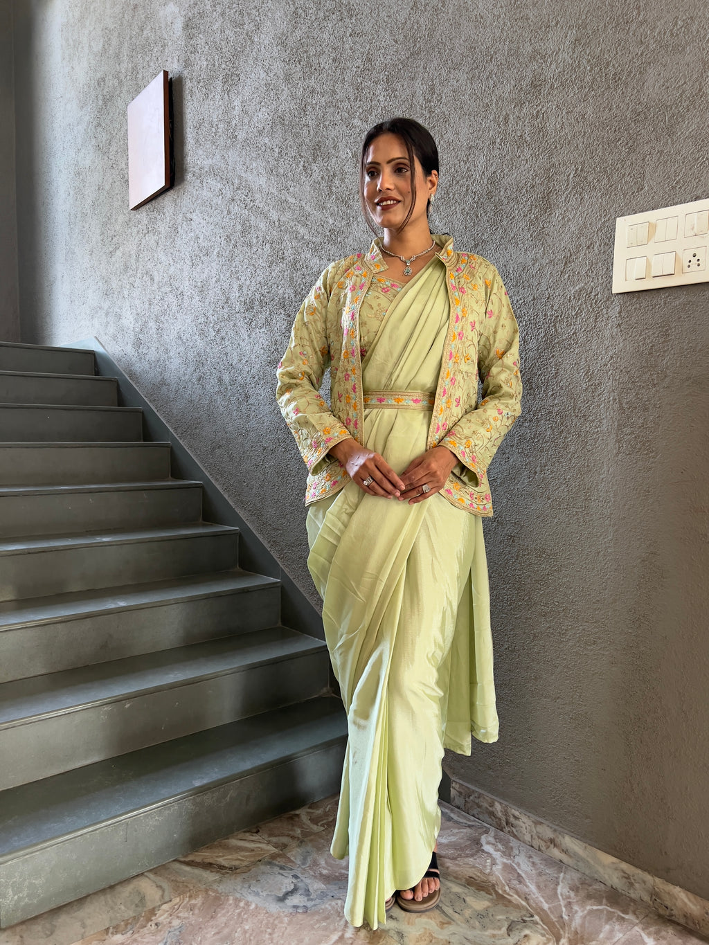 Heavy Chinon Jacket Saree With Blouse and Cording Embroidered Work