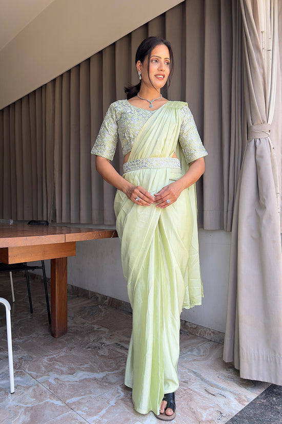 Ready To Wear Chinon Embroidery Work Saree With Stitched Blouse