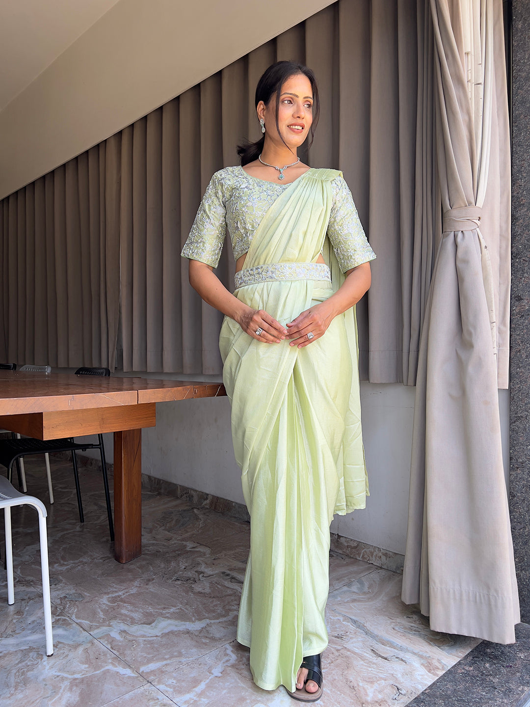 Ready To Wear Chinon Embroidery Work Saree With Stitched Blouse