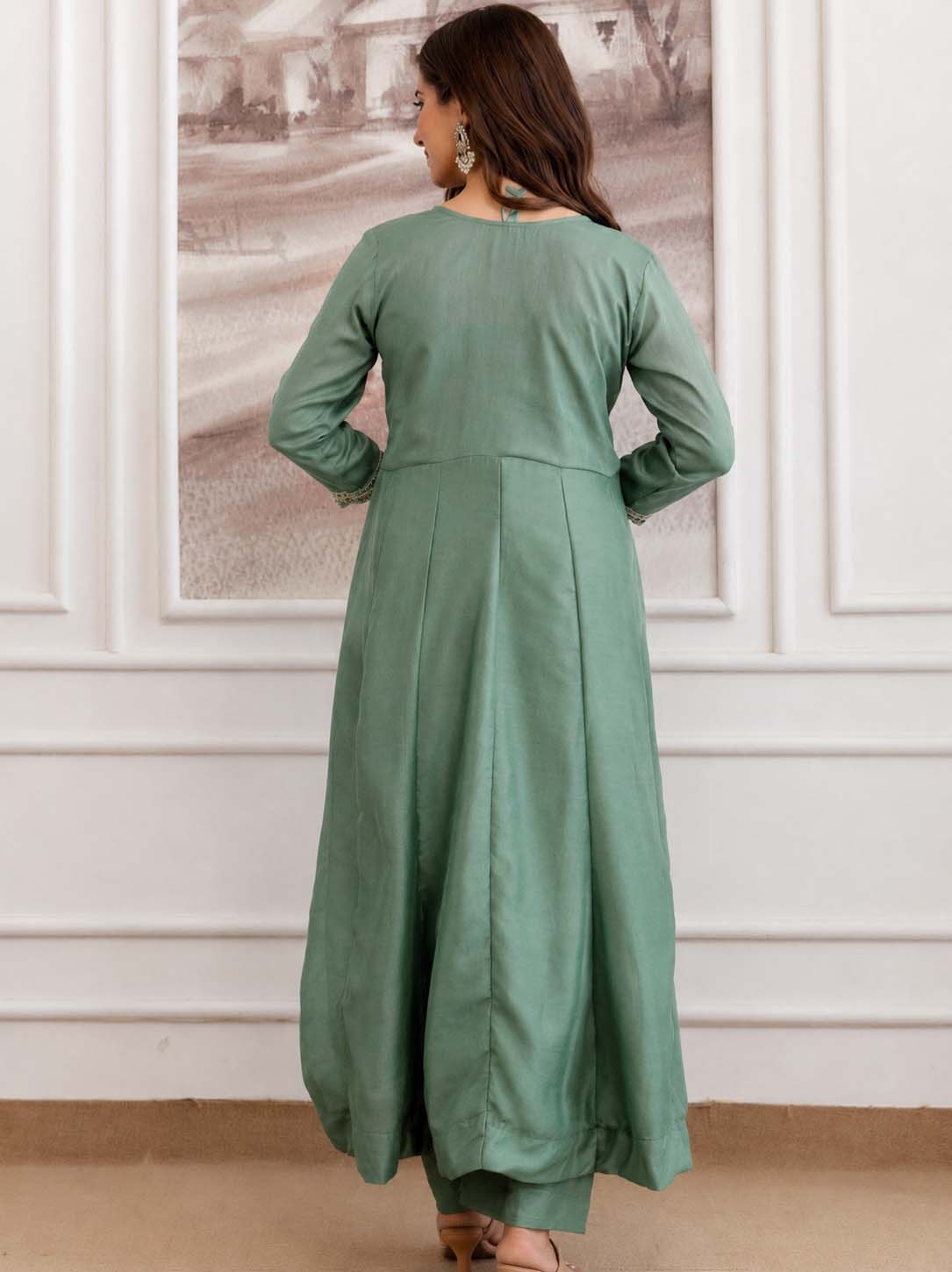 Embroidery Vichitra Silk Anarkali Kurta Pant Set With Dupatta