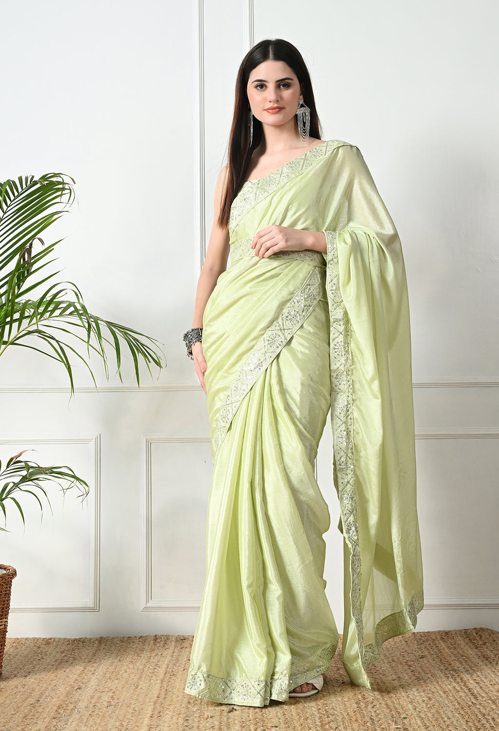 Chinon Solid Saree with Embroidered Lace Border