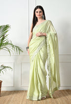 Chinon Solid Saree with Embroidered Lace Border
