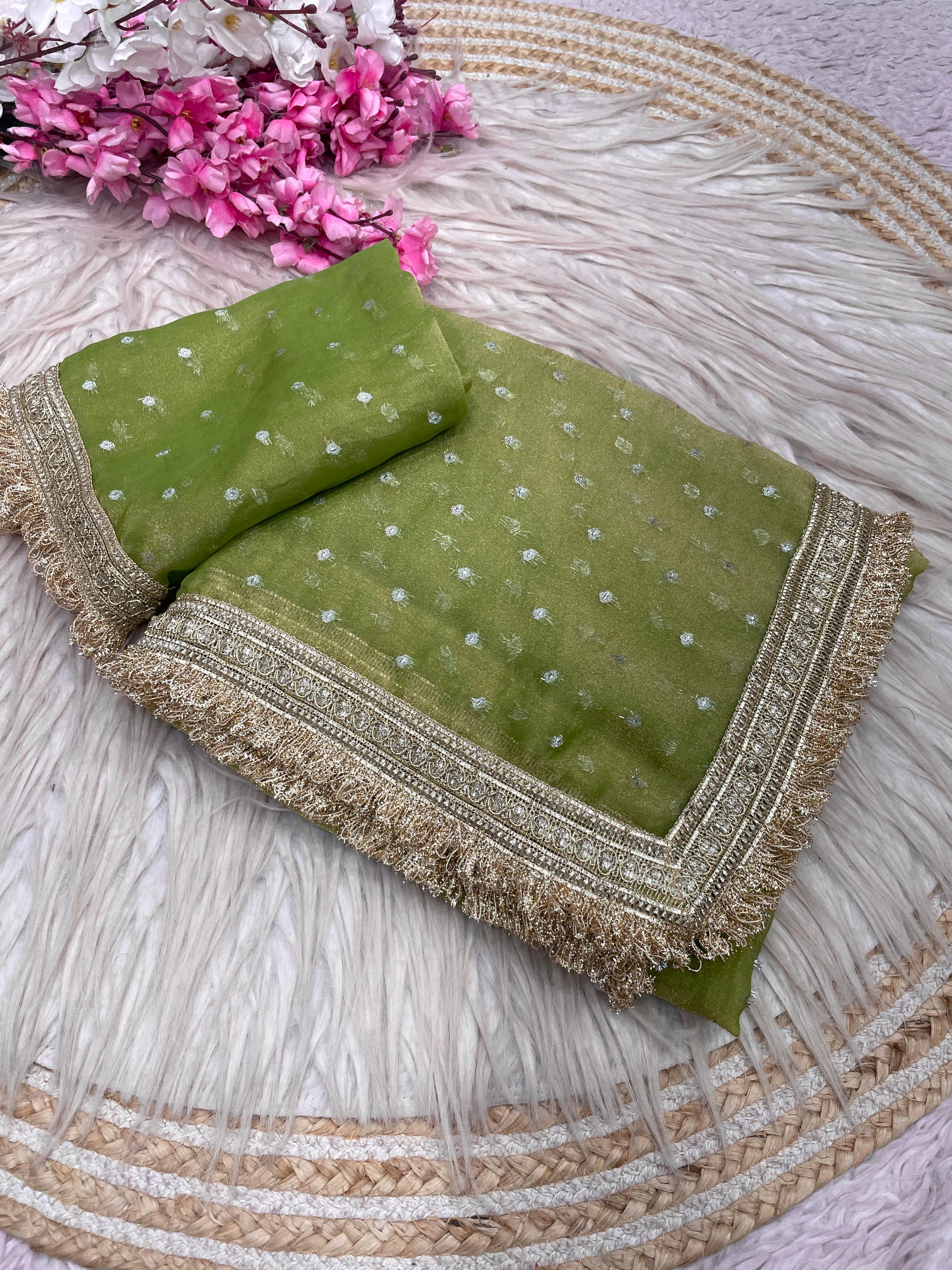 Moss Silk Jacquard Butti Saree with Fancy Lace Border