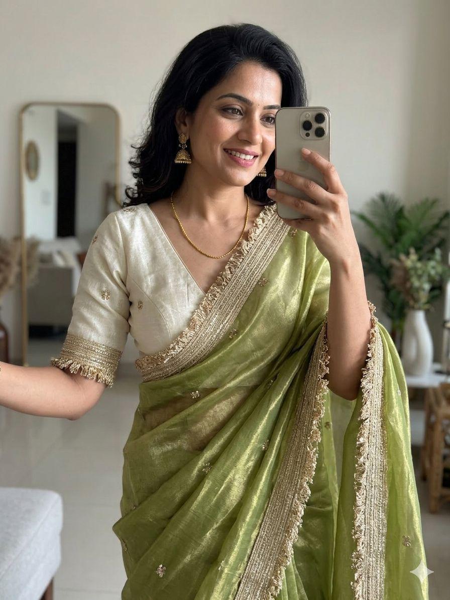 Satin Embroidery Work Saree With Lace Border
