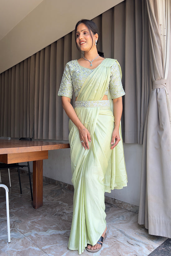 Ready To Wear Chinon Embroidery Work Saree With Stitched Blouse