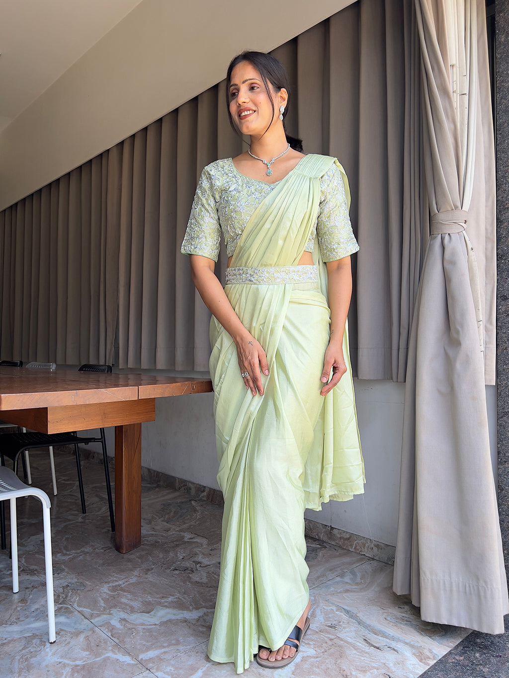 Ready To Wear Chinon Embroidery Work Saree With Stitched Blouse