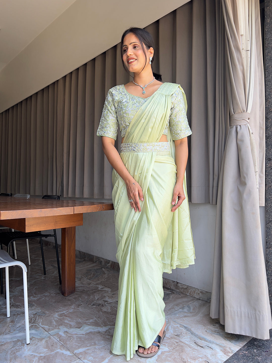 Ready To Wear Chinon Embroidery Work Saree With Stitched Blouse
