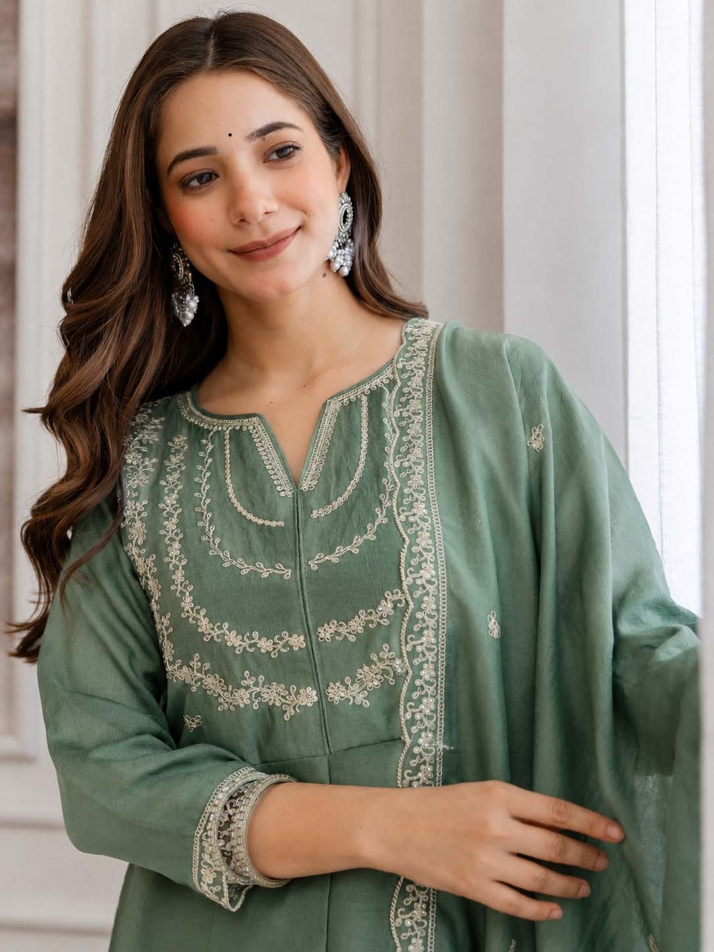Embroidery Vichitra Silk Anarkali Kurta Pant Set With Dupatta